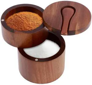 2 Layers Acacia Wood Salt and Pepper Bowl Salt and Pepper Storage Box Salt Container Salt Keeper with Built in Spoon and Magnetic Swivel Lid Dustproof Salt Holder for Kitchen Serving (Wood A) 2 Layers Acacia Wood Salt and Pepper Bowl Salt and Pepper Storage Box Salt Container Salt Keeper with Built in Spoon and Magnetic Swivel Lid Dustproof Salt Holder for Kitchen Serving (Wood A)