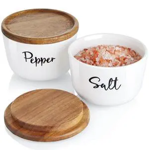 Salt and Pepper Bowls, 10 oz Salt Cellar with Lid, Stacked Ceramic Salt Pepper Container with Acacia Wood Lid, Salt Box for Countertop, Modern Kitchen Decor, Set of 2, White Salt and Pepper Bowls, 10 oz Salt Cellar with Lid, Stacked Ceramic Salt Pepper Container with Acacia Wood Lid, Salt Box for Countertop, Modern Kitchen Decor, Set of 2, White
