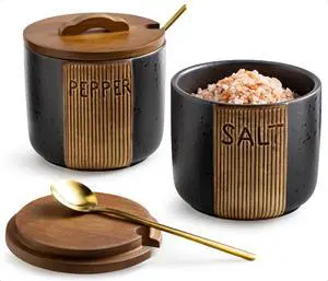 Salt and Pepper Bowl, Ceramic Salt Containers for Countertop, Salt and Pepper Cellar with Lid and Spoons, Black Salt and Pepper Bowl, Ceramic Salt Containers for Countertop, Salt and Pepper Cellar with Lid and Spoons, Black