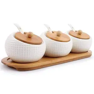 Porcelain Condiment Jar Spice Container with Lids - Bamboo Cap Holder Spot, Ceramic Serving Spoon, Wooden Tray Best Pottery Cruet Pot for Your Home, Kitchen, Counter. White,170 ML (5.8 OZ), Set of 3 Porcelain Condiment Jar Spice Container with Lids - Bamboo Cap Holder Spot, Ceramic Serving Spoon, Wooden Tray Best Pottery Cruet Pot for Your Home, Kitchen, Counter. White,170 ML (5.8 OZ), Set of 3