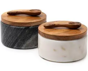 Marble Salt and Pepper Bowls - Set of 2 Handcrafted White/Grey Solid Marble Salt and Pepper Cellars with Lids and Spoons - Elegant Containers for Countertop or Table Marble Salt and Pepper Bowls - Set of 2 Handcrafted White/Grey Solid Marble Salt and Pepper Cellars with Lids and Spoons - Elegant Containers for Countertop or Table