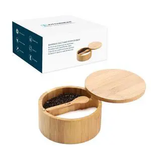 Bamboo Salt and Pepper Bowl Box Cellar Container Divided, Built-in Serving Spoon to Avoid Dust, Swivel Lid to Keep Dry, Sea Salt Spice Seasoning Keeper Holder, Dual 7 Ounce Capacity Bamboo Salt and Pepper Bowl Box Cellar Container Divided, Built-in Serving Spoon to Avoid Dust, Swivel Lid to Keep Dry, Sea Salt Spice Seasoning Keeper Holder, Dual 7 Ounce Capacity
