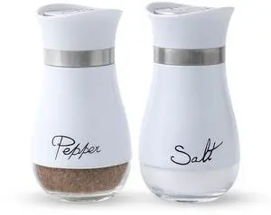 Salt and Pepper Shakers Set - Salt Containers for Gifts, Kitchen Decor, Home, RV, Camp, BBQ, 4 oz Farmhouse Spice Dispenser with Glass Bottom, White, Set of 2 Salt and Pepper Shakers Set - Salt Containers for Gifts, Kitchen Decor, Home, RV, Camp, BBQ, 4 oz Farmhouse Spice Dispenser with Glass Bottom, White, Set of 2