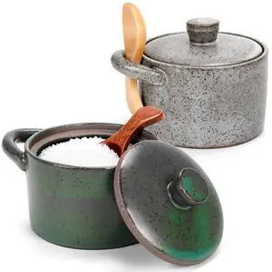 2 Pack Speckled Ceramic Salt Cellar with Lid and Spoon, 8.5oz Salt Pepper Containers for Countertop, Rustic Spices Sugar Bowl Storage Containers for Kitchen Decor (Gray & Green) 2 Pack Speckled Ceramic Salt Cellar with Lid and Spoon, 8.5oz Salt Pepper Containers for Countertop, Rustic Spices Sugar Bowl Storage Containers for Kitchen Decor (Gray & Green)