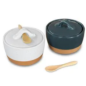 Ceramic Salt and Pepper Cellar Set with Lid - 10 oz Modern Canister/Container/Bowl for Storage, Sea Salt, Spice, Sugar, Countertop - Small Dish/Jar with Wood Spoon, Black & White Crock Ceramic Salt and Pepper Cellar Set with Lid - 10 oz Modern Canister/Container/Bowl for Storage, Sea Salt, Spice, Sugar, Countertop - Small Dish/Jar with Wood Spoon, Black & White Crock
