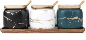 3 Pack Ceramic Salt and Sugar Container, Condiment Jars with Lids and Spoons, Marble Seasoning Spice Pots Bowl, Pepper Sellar with Wooden Tray for Serving, Counter, Home, Kitchen 3 Pack Ceramic Salt and Sugar Container, Condiment Jars with Lids and Spoons, Marble Seasoning Spice Pots Bowl, Pepper Sellar with Wooden Tray for Serving, Counter, Home, Kitchen