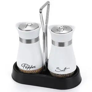 Salt and Pepper Shakers Set with Holder, 4 oz Stainless Steel Salt Pepper Shaker Containers with Glass Bottom for Kitchen Cooking, BBQ, Bar, Table, RV, Camp Salt and Pepper Shakers Set with Holder, 4 oz Stainless Steel Salt Pepper Shaker Containers with Glass Bottom for Kitchen Cooking, BBQ, Bar, Table, RV, Camp
