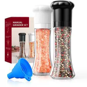Premium Manual Salt and Pepper Grinder Set, Refillable Salt and Pepper Shakers with Ceramic Blades, Adjustable Coarseness and BPA-free 180ml Glass Container, Tall Black White Premium Manual Salt and Pepper Grinder Set, Refillable Salt and Pepper Shakers with Ceramic Blades, Adjustable Coarseness and BPA-free 180ml Glass Container, Tall Black White