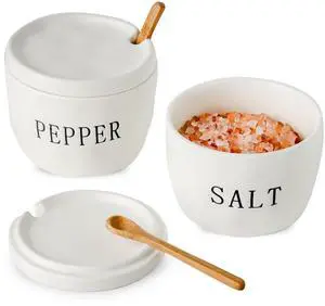 2 Pack Salt and Pepper Bowls Set, Ceramic Salt and Pepper Containers with Lid and Spoon, White Salt Pepper Holder Set, Salt Box Dish with Lid 2 Pack Salt and Pepper Bowls Set, Ceramic Salt and Pepper Containers with Lid and Spoon, White Salt Pepper Holder Set, Salt Box Dish with Lid
