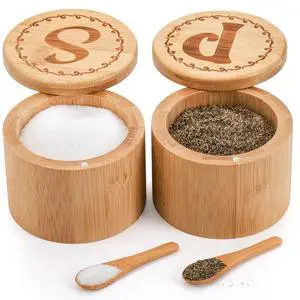 2 Pack Bamboo Salt and Pepper Holder Box with 2 Spoons, Spice Jars Containers, Seasoning Storage Box with Swivel Lid and Magnet Lock - 6 oz Capacity 2 Pack Bamboo Salt and Pepper Holder Box with 2 Spoons, Spice Jars Containers, Seasoning Storage Box with Swivel Lid and Magnet Lock - 6 oz Capacity