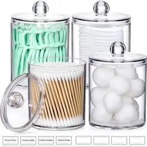 4 Pack Acrylic Qtip Holder Dispenser for Cotton Swabs, Balls, Pads, Floss Picks- Small Clear Acrylic Canister Apothecary Jar Set, Bathroom Essentials Accessories Decor, Vanity Makeup Storage Organizer 4 Pack Acrylic Qtip Holder Dispenser for Cotton Swabs, Balls, Pads, Floss Picks- Small Clear Acrylic Canister Apothecary Jar Set, Bathroom Essentials Accessories Decor, Vanity Makeup Storage Organizer