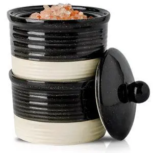Ceramic Salt Cellar, 9 oz Salt and Pepper Bowls with Lid for Countertop, Stacked Salt and Pepper Box Set, Black and White Farmhouse Decor Sugar Bowls, Set of 2 Ceramic Salt Cellar, 9 oz Salt and Pepper Bowls with Lid for Countertop, Stacked Salt and Pepper Box Set, Black and White Farmhouse Decor Sugar Bowls, Set of 2