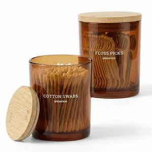 2 Pack Glass Qtip Holder Dispenser Set - Q Tip Holder for Bathroom Canister Qtip Dispenser with Lid for Cotton Balls, Swabs, Floss Picks, and Makeup Sponges ,Amber,Large Capacity 2 Pack Glass Qtip Holder Dispenser Set - Q Tip Holder for Bathroom Canister Qtip Dispenser with Lid for Cotton Balls, Swabs, Floss Picks, and Makeup Sponges ,Amber,Large Capacity