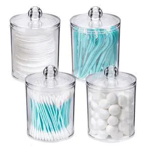 4 Pack Qtip Holder Dispenser - Cotton Ball, Swab, Round Pads, Floss , Small Clear Plastic Apothecary Jar Containers with Lids for Bathroom Storage and Organization, Vanity Organizer 4 Pack Qtip Holder Dispenser - Cotton Ball, Swab, Round Pads, Floss , Small Clear Plastic Apothecary Jar Containers with Lids for Bathroom Storage and Organization, Vanity Organizer