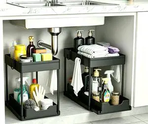 Under Sink Organizer 2 Pack, Bathroom Cabinet Organizer, 2 Tier Sliding Cabinet Basket Organizer Drawer, Multi-Purpose Bath Collection Baskets for Bathroom (Black) Under Sink Organizer 2 Pack, Bathroom Cabinet Organizer, 2 Tier Sliding Cabinet Basket Organizer Drawer, Multi-Purpose Bath Collection Baskets for Bathroom (Black)