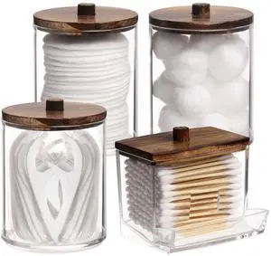 4 Pack Qtip Holder Bathroom Container, 10/7oz Cotton Ball/Swabs Dispenser, Apothecary Jar with Bamboo Lids for Organizer and Storage (Brown) 4 Pack Qtip Holder Bathroom Container, 10/7oz Cotton Ball/Swabs Dispenser, Apothecary Jar with Bamboo Lids for Organizer and Storage (Brown)