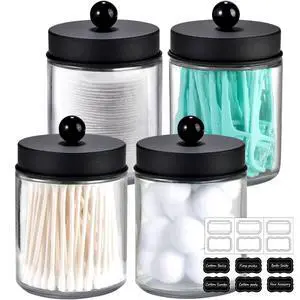 4 Pack Glass Apothecary Jars Bathroom Vanity Storage Organizer Set-Qtip Dispenser Holder with Stainless Steel Lids &Cute Stickers-Countertop Canister for Qtips,Cotton Swabs,Makeup Sponges 4 Pack Glass Apothecary Jars Bathroom Vanity Storage Organizer Set-Qtip Dispenser Holder with Stainless Steel Lids &Cute Stickers-Countertop Canister for Qtips,Cotton Swabs,Makeup Sponges