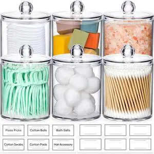 6 Pack Acrylic Qtip Holder Dispenser for Cotton,Swab, Ball, Round Pads, Floss Picks - Clear Plastic Apothecary Jar Set, Bathroom Canister Storage Organization, Vanity Makeup Organizer 6 Pack Acrylic Qtip Holder Dispenser for Cotton,Swab, Ball, Round Pads, Floss Picks - Clear Plastic Apothecary Jar Set, Bathroom Canister Storage Organization, Vanity Makeup Organizer