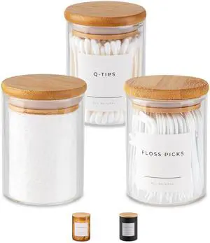 Mini Glass Apothecary Jars with Bamboo Lids, Small Bathroom and Kitchen Storage Containers, For Cotton Balls, Pads and Swabs, 10 oz, Set of 3 (Clear) Mini Glass Apothecary Jars with Bamboo Lids, Small Bathroom and Kitchen Storage Containers, For Cotton Balls, Pads and Swabs, 10 oz, Set of 3 (Clear)
