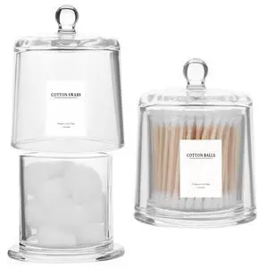 2 Pack Qtip Holder Thick Glass Apothecary Jars with Lid for Bathroom Accessories Vanity Organizers and Makeup Storage for Cotton Ball, Swabs, Makeup Sponges, Candy, Jewelry, Clear 2 Pack Qtip Holder Thick Glass Apothecary Jars with Lid for Bathroom Accessories Vanity Organizers and Makeup Storage for Cotton Ball, Swabs, Makeup Sponges, Candy, Jewelry, Clear
