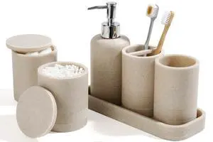 Bathroom Accessories Set, 6-Piece Bathroom Accessory Set, Toothbrush Holders Set, Soap Dispenser, Vanity Tray, Tumbler, Cotton Swab Jars, Bathroom Organizer for Modern Bathrooms(Beige) Bathroom Accessories Set, 6-Piece Bathroom Accessory Set, Toothbrush Holders Set, Soap Dispenser, Vanity Tray, Tumbler, Cotton Swab Jars, Bathroom Organizer for Modern Bathrooms(Beige)