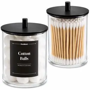Glass Qtip Holder Dispenser Set - 15oz & 10oz Cotton Swab Holder with Black Wooden Lids, Apothecary Jar Bathroom Storage Canisters for Cotton Balls, Floss Picks, Vanity Organizer Container (2 Pack) Glass Qtip Holder Dispenser Set - 15oz & 10oz Cotton Swab Holder with Black Wooden Lids, Apothecary Jar Bathroom Storage Canisters for Cotton Balls, Floss Picks, Vanity Organizer Container (2 Pack)