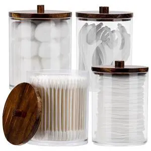 4 Pack Qtip Holder Dispenser Cotton Ball, Cotton Swab, Floss - 12oz, 10 oz Clear Plastic Apothecary Jars for Bathroom Organizer and Storage Containers (Brown Wood Lids) 4 Pack Qtip Holder Dispenser Cotton Ball, Cotton Swab, Floss - 12oz, 10 oz Clear Plastic Apothecary Jars for Bathroom Organizer and Storage Containers (Brown Wood Lids)