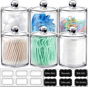 6-Pack Clear Acrylic Apothecary Jars with Labels - (3) 10oz & (3) 12oz Qtip Holder Set - Shatterproof Bathroom Vanity Organizer for Cotton Swabs, Balls, Pads - Minimalist Decor 6-Pack Clear Acrylic Apothecary Jars with Labels - (3) 10oz & (3) 12oz Qtip Holder Set - Shatterproof Bathroom Vanity Organizer for Cotton Swabs, Balls, Pads - Minimalist Decor