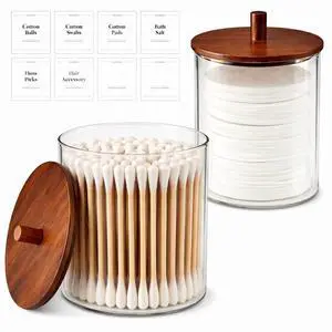Glass Qtip Holder Dispenser Set - 15oz & 10oz Cotton Swab Holder with Acacia Wooden Lids, Bathroom Canisters Apothecary Jar Vanity Storage Organizer for Cotton Balls, Floss Picks (2 Pack) Glass Qtip Holder Dispenser Set - 15oz & 10oz Cotton Swab Holder with Acacia Wooden Lids, Bathroom Canisters Apothecary Jar Vanity Storage Organizer for Cotton Balls, Floss Picks (2 Pack)