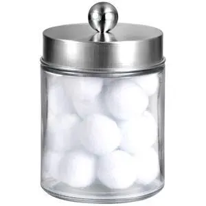 Apothecary Jars Bathroom Vanity Organizer -Countertop Canister Jar with Storage Lid - Qtip Dispenser Holder Glass for Qtips,Cotton Swabs,Makeup Sponges,Hair Band - Brushed Nickel (1 Pack) Apothecary Jars Bathroom Vanity Organizer -Countertop Canister Jar with Storage Lid - Qtip Dispenser Holder Glass for Qtips,Cotton Swabs,Makeup Sponges,Hair Band - Brushed Nickel (1 Pack)