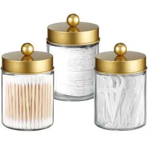 Apothecary Jar Canisters Bathroom Vanity Organizer - Qtip Holder Storage Organizer Countertop -Stainless Steel Lids &Cute Stickers for Qtips,Cotton Swabs,Makeup Sponges,Floss(3 Pack) (Gold) Apothecary Jar Canisters Bathroom Vanity Organizer - Qtip Holder Storage Organizer Countertop -Stainless Steel Lids &Cute Stickers for Qtips,Cotton Swabs,Makeup Sponges,Floss(3 Pack) (Gold)