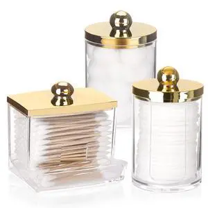 3 Pack Qtips Dispenser - Bathroom Organizers and Storage Containers, Plastic Apothecary Jars with Gold Lids for Cotton Ball Swab Round Pads, Floss - Gold 3 Pack Qtips Dispenser - Bathroom Organizers and Storage Containers, Plastic Apothecary Jars with Gold Lids for Cotton Ball Swab Round Pads, Floss - Gold