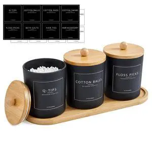 3 Pack Qtip Holder Bathroom Set with Tray,13.5oz Cotton Round Ball Pad Holder Cotton Swab Floss Pick Dispenser,Bathroom Organizers and Storage Container,Glass Apothecary Jars Canisters with Lids-Black 3 Pack Qtip Holder Bathroom Set with Tray,13.5oz Cotton Round Ball Pad Holder Cotton Swab Floss Pick Dispenser,Bathroom Organizers and Storage Container,Glass Apothecary Jars Canisters with Lids-Black