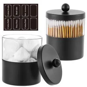 Black Apothecary Jars, Black Qtip Holder - Stainless Steel Bathroom Jar with Stickers - Farmhouse Decor Qtip Dispenser for Qtips, Cotton Balls, Swabs, Makeup Sponges (2-Pack) Black Apothecary Jars, Black Qtip Holder - Stainless Steel Bathroom Jar with Stickers - Farmhouse Decor Qtip Dispenser for Qtips, Cotton Balls, Swabs, Makeup Sponges (2-Pack)