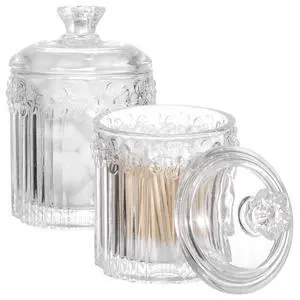 2 Pack Qtip Holder Glass Apothecary Jars with Lids Bathroom Accessories Vanity Organizers and Makeup Storage Canister for Cotton Swabs, Balls, Pads, Floss Picks, Candy, Clear 2 Pack Qtip Holder Glass Apothecary Jars with Lids Bathroom Accessories Vanity Organizers and Makeup Storage Canister for Cotton Swabs, Balls, Pads, Floss Picks, Candy, Clear