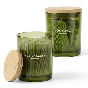 2 Pack Glass Qtip Holder Dispenser Set - Q Tip Holder for Bathroom Canister Qtip Dispenser with Lid for Cotton Balls, Swabs, Floss Picks, and Makeup Sponges ,Olive Green,Large Capacity 2 Pack Glass Qtip Holder Dispenser Set - Q Tip Holder for Bathroom Canister Qtip Dispenser with Lid for Cotton Balls, Swabs, Floss Picks, and Makeup Sponges ,Olive Green,Large Capacity