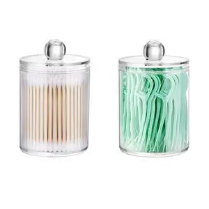 2 Pack Qtip Holder Storage Canister for Cotton Ball, Cotton Swab, Pads, Floss; 10-Ounce Clear Plastic Apothecary Jar with Lid, Bathroom Makeup Organizer (2) 2 Pack Qtip Holder Storage Canister for Cotton Ball, Cotton Swab, Pads, Floss; 10-Ounce Clear Plastic Apothecary Jar with Lid, Bathroom Makeup Organizer (2)