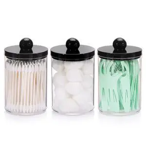 10oz Qtips Holder - Bathroom Organizers and Storage Containers Plastic Apothecary Jar with Black Lids for Cotton Swab, Cotton Round Pads, Floss - Black 10oz Qtips Holder - Bathroom Organizers and Storage Containers Plastic Apothecary Jar with Black Lids for Cotton Swab, Cotton Round Pads, Floss - Black