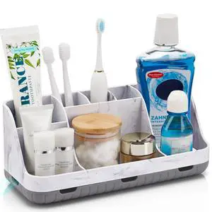 Marble Bathroom Countertop Organizer - Detachable 7 Slots Kids Electric Toothbrush and Toothpaste Holde Drainage for Bathroom Accessories Organization Counter Vanity Storage, Grey Marble Bathroom Countertop Organizer - Detachable 7 Slots Kids Electric Toothbrush and Toothpaste Holde Drainage for Bathroom Accessories Organization Counter Vanity Storage, Grey