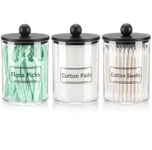 3 Pack Qtip Holder, Clear Bathroom Containers Dispenser for Storage Cotton Ball, Cotton Swab 10oz Plastic Bathroom Jars with Wood Lids - Black 3 Pack Qtip Holder, Clear Bathroom Containers Dispenser for Storage Cotton Ball, Cotton Swab 10oz Plastic Bathroom Jars with Wood Lids - Black
