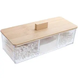 Wood Qtip Holder 3 Compartments Cotton Ball and Swab Holder Organizer with Lid,Jar for Cotton Rounds,Bathroom Containers,Clear Acrylic Desk Organizer for Makeup Pads,Cosmetics Bedroom Wood Qtip Holder 3 Compartments Cotton Ball and Swab Holder Organizer with Lid,Jar for Cotton Rounds,Bathroom Containers,Clear Acrylic Desk Organizer for Makeup Pads,Cosmetics Bedroom