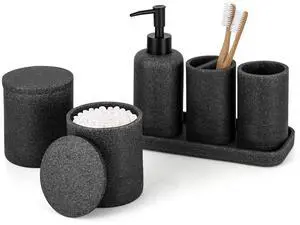 Black Stone Bathroom Accessories Set 6 Pieces - Toothbrush Holder, Lotion Dispenser, Qtip Container, Vanity Tray, Tumbler - Countertop Organizer for Bathrooms - Elegant and Functional Décor Set Black Stone Bathroom Accessories Set 6 Pieces - Toothbrush Holder, Lotion Dispenser, Qtip Container, Vanity Tray, Tumbler - Countertop Organizer for Bathrooms - Elegant and Functional Décor Set