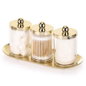 3 Pack Qtips Holder with Gold Tray, 10oz Cotton Swab Ball Holder for Bathroom Essentials Accessories Decor Clear Plastic Canister Apothecary Jars 3 Pack Qtips Holder with Gold Tray, 10oz Cotton Swab Ball Holder for Bathroom Essentials Accessories Decor Clear Plastic Canister Apothecary Jars