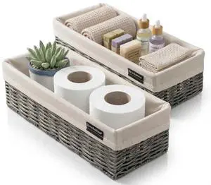 Over the Toilet Tank Wicker Storage Basket, Bathroom and Closet Organizers and Storage Bins with Fabric Liner, Grey, 2 Pack Set Over the Toilet Tank Wicker Storage Basket, Bathroom and Closet Organizers and Storage Bins with Fabric Liner, Grey, 2 Pack Set