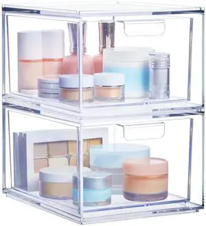 Audrey Stackable Clear Bin Plastic Organizer Drawers | 2 Piece Set | Organize Cosmetics and Beauty Supplies on a Vanity | Made in USA Audrey Stackable Clear Bin Plastic Organizer Drawers | 2 Piece Set | Organize Cosmetics and Beauty Supplies on a Vanity | Made in USA
