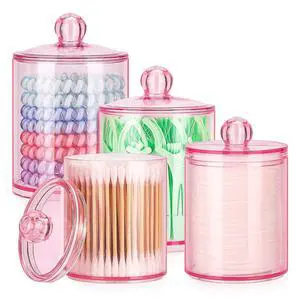 12 oz & 10 oz Qtip Holder - 4 Pack Restroom Bathroom Organizers and Storage Containers, Pink Plastic Apothecary Jars with Lids for Cotton Swab, Cotton Round Pads, Floss 12 oz & 10 oz Qtip Holder - 4 Pack Restroom Bathroom Organizers and Storage Containers, Pink Plastic Apothecary Jars with Lids for Cotton Swab, Cotton Round Pads, Floss