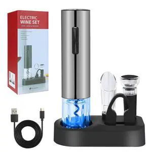 Electric Wine Bottle Opener Set- Silver, Automatic Wine Bottle Opener with Led Light, Rechargeable Corkscrew Kit with AeratorFoil CutterStoppers Electric Wine Bottle Opener Set- Silver, Automatic Wine Bottle Opener with Led Light, Rechargeable Corkscrew Kit with AeratorFoil CutterStoppers