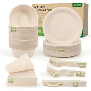 Disposable Paper Plates Set 300PCS Compostable Sugarcane Plates, Bowls, Heavy-duty Utensil, Biodegradable Napkins, Eco-friendly Dinnerware Set for Party Camping 50 People Disposable Paper Plates Set 300PCS Compostable Sugarcane Plates, Bowls, Heavy-duty Utensil, Biodegradable Napkins, Eco-friendly Dinnerware Set for Party Camping 50 People