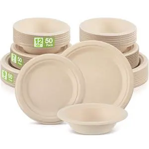 150 Pcs Compostable Paper Plates and Bowls Set 7 Inch 9 Inch Disposable Plate 12oz Biodegradable Bowls for Party Dinner 50-person Bulk Party Supplies 150 Pcs Compostable Paper Plates and Bowls Set 7 Inch 9 Inch Disposable Plate 12oz Biodegradable Bowls for Party Dinner 50-person Bulk Party Supplies