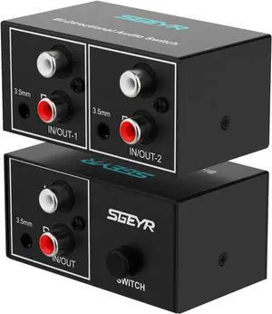 RCA Switch 2 in 1 Out RCA switcher Selector 3.5mm Aux + RCA L/R Bi-Directional Stereo Audio Switcher A/B Analog Audio Switcher Black Metal Case RCA Switch 2 in 1 Out RCA switcher Selector 3.5mm Aux + RCA L/R Bi-Directional Stereo Audio Switcher A/B Analog Audio Switcher Black Metal Case